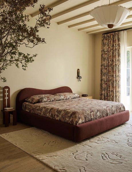 upholstered bed frame, platform bed, modern bed, king size bed, bedroom furniture, brand awareness, lifestyle, editorial, calm, luxurious, neutral, brown
